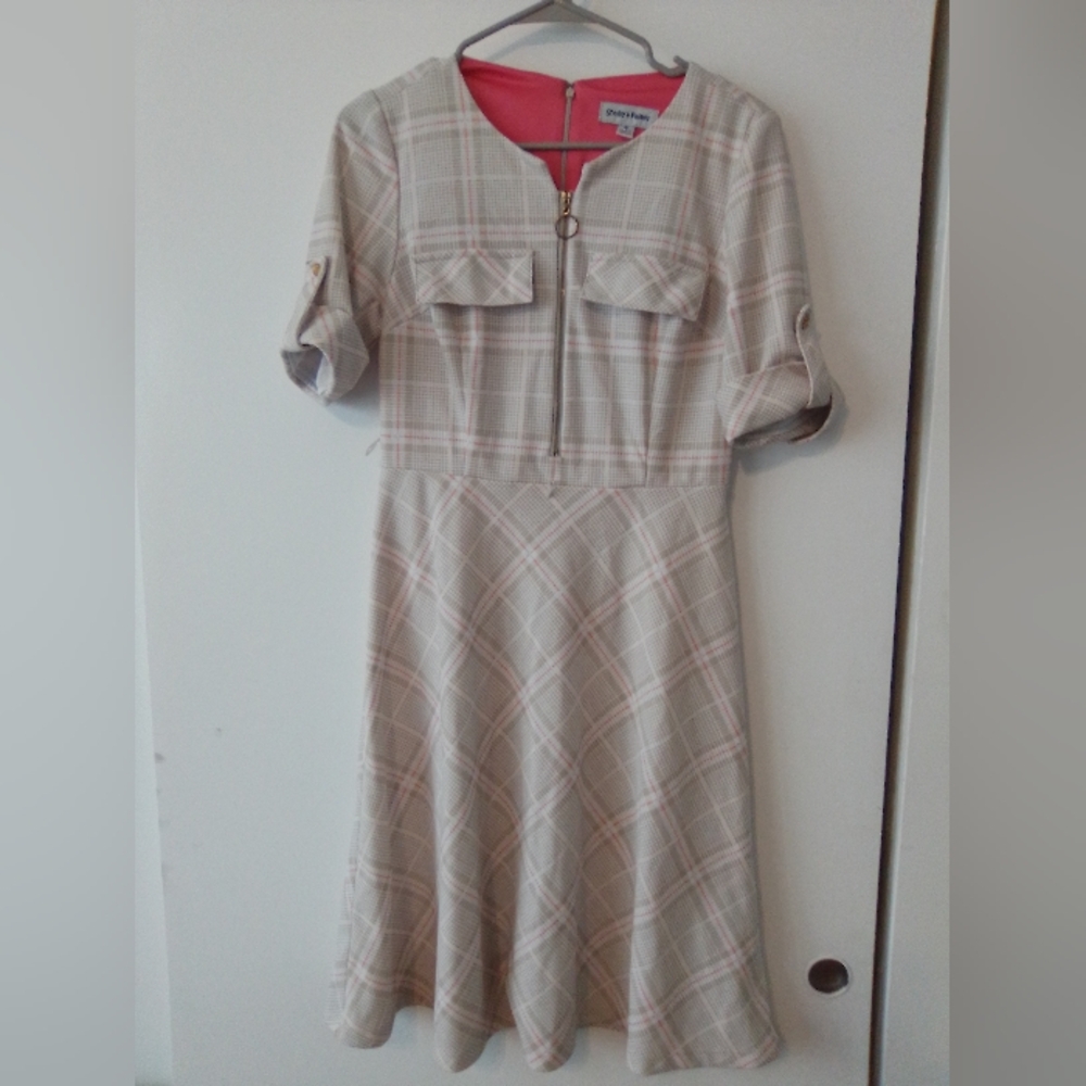 Shelby & Palmer Beige Plaid Dress with Pink Accent